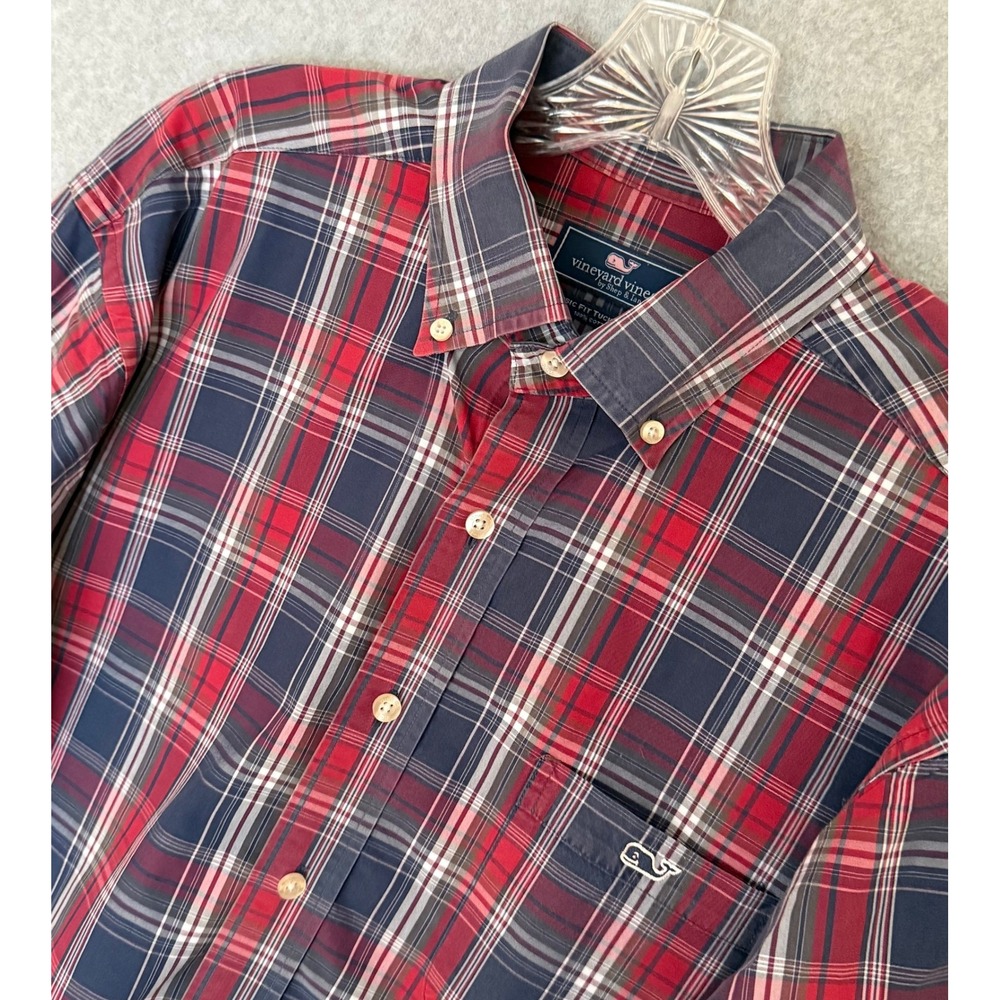 Vineyard Vines Tucker Shirt Mens Large Red Navy Plaid Classic Fit Button Down